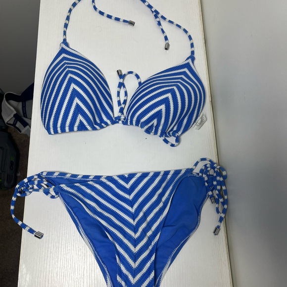 Polo Ralph Lauren Blue White Chevron Bikini Set Top L Bottom M - Picture 2 of 9